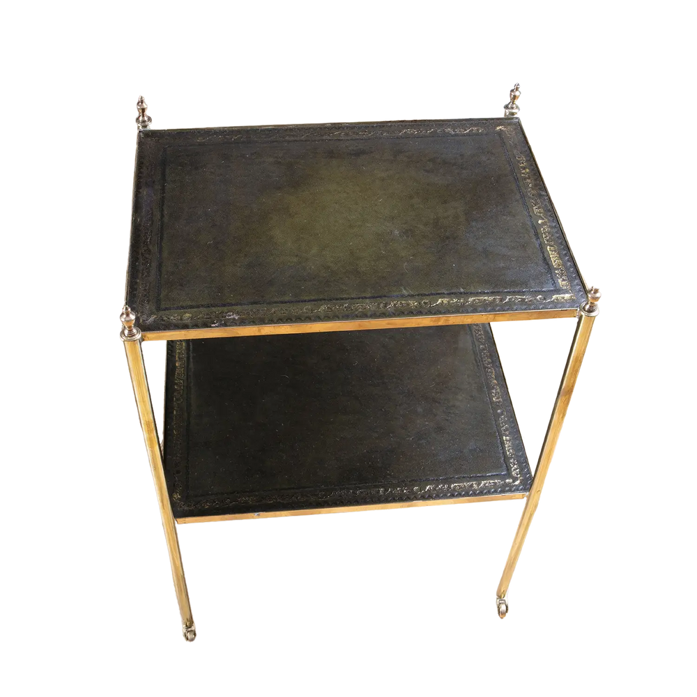 Pair of Brass and Leather Etagere End Tables with gilt tooled leather tops and brass legs on castors, England circa 2000.