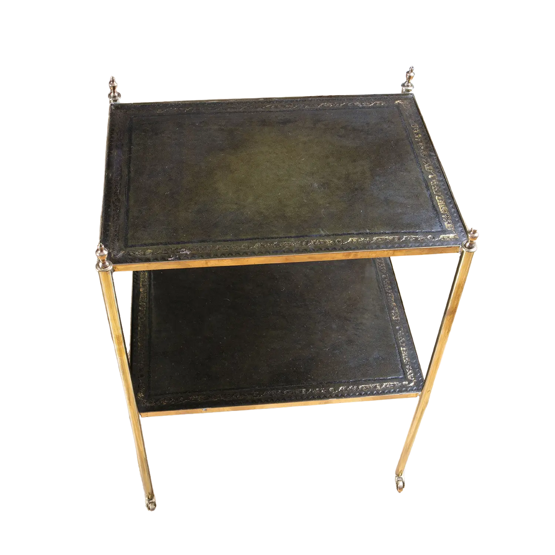 Pair of Brass and Leather Etagere End Tables with gilt tooled leather tops and brass legs on castors, England circa 2000.