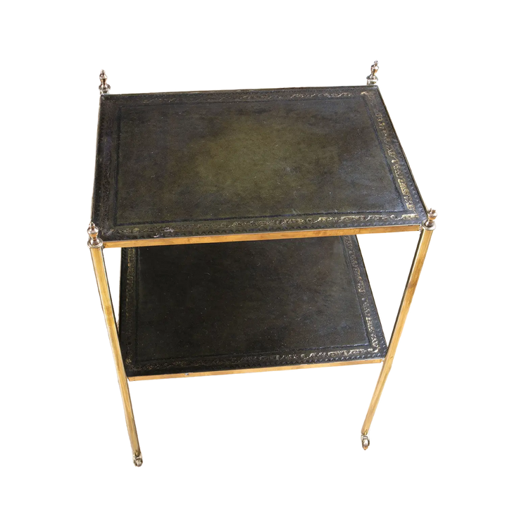 Pair of Brass and Leather Etagere End Tables with gilt tooled leather tops and brass legs on castors, England circa 2000.