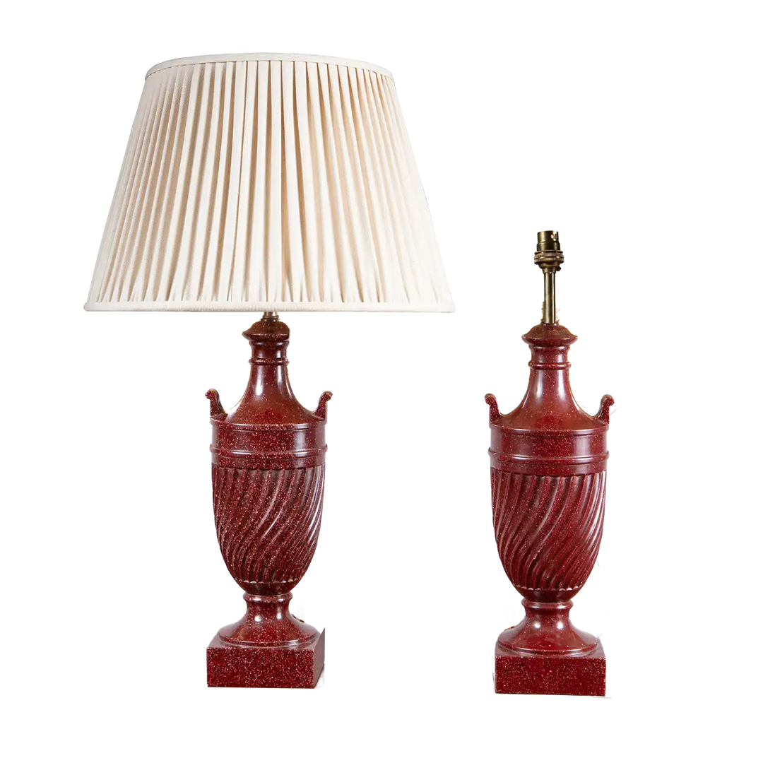 Classical Faux Porphyry Urns as Table Lamps pair with fluted bodies and square bases, one with pleated shade.