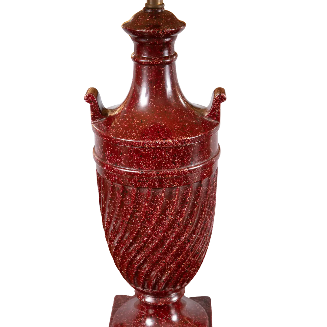 Classical Faux Porphyry Urns as Table Lamps pair, fluted bodies with strigils, square bases, wired for UK, circa 2000.