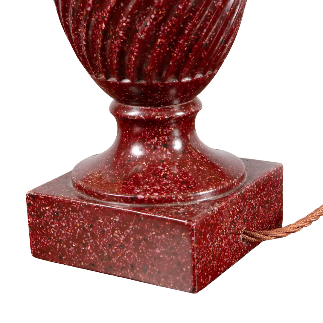Classical Faux Porphyry Urns as Table Lamps pair with fluted bodies and square bases in deep red finish