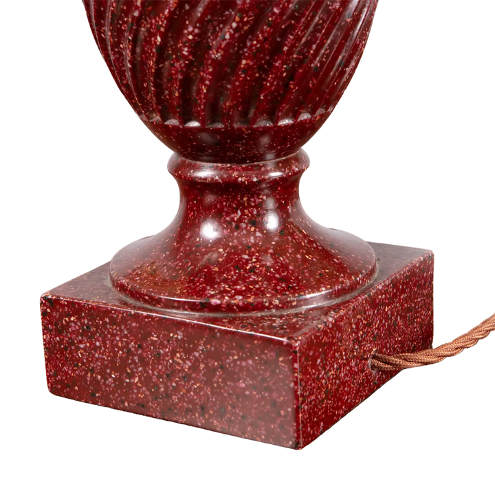 Classical Faux Porphyry Urns as Table Lamps pair with fluted bodies and square bases in deep red finish