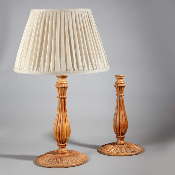 Pair of Large Mughal Style Candlestick Table Lamps with carved teak bases and reeded baluster columns, India circa 2000.