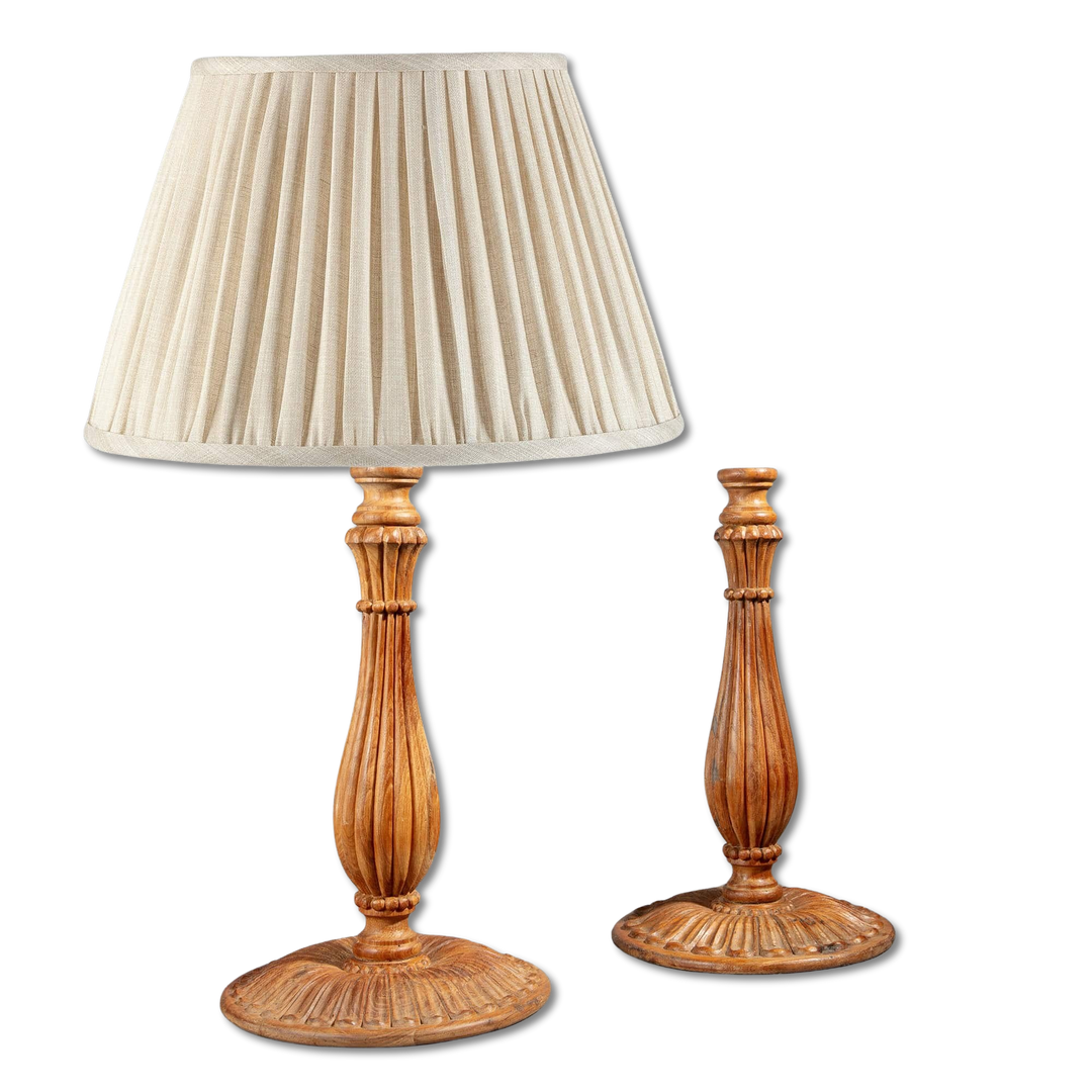Pair of Large Mughal Style Candlestick Table Lamps with teak carved baluster columns and petal bases, India circa 2000.