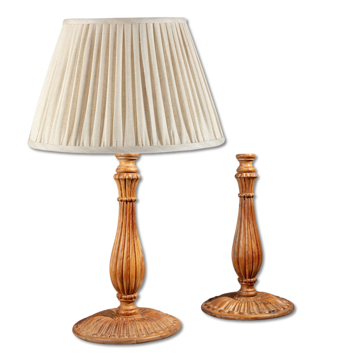 Pair of Large Mughal Style Candlestick Table Lamps with teak carved baluster columns and petal bases, India circa 2000.
