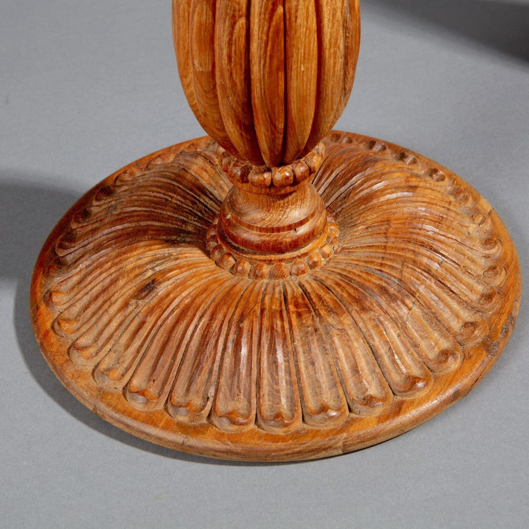Pair of Large Mughal Style Candlestick Table Lamps with carved teak broad bases and reeded baluster columns.