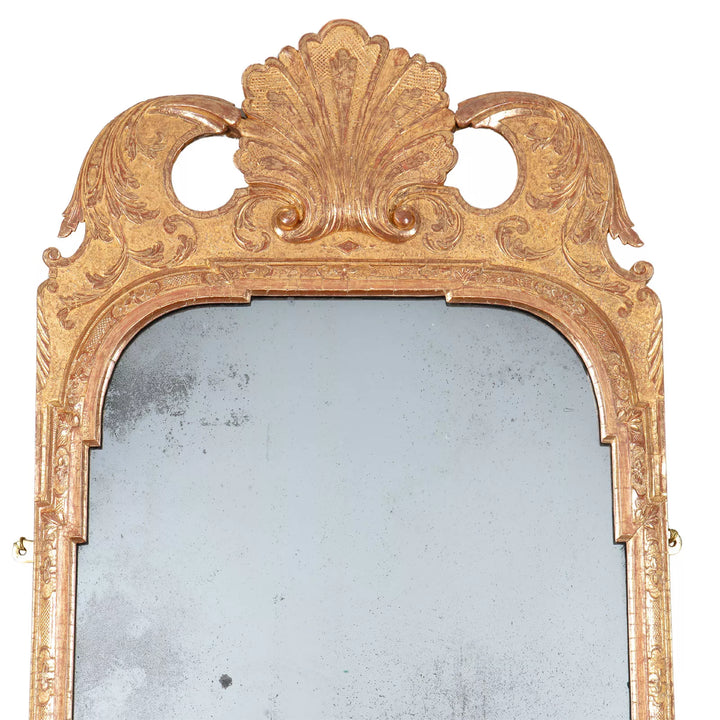 George I Gilt Gesso Girandole with ornate gilt frame, shell and scrolling vine details, original mirror plate England circa 1720