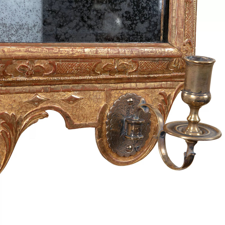 George I Gilt Gesso Girandole showing gilt frame detail with brass swivel candle arm and original mirror plate.