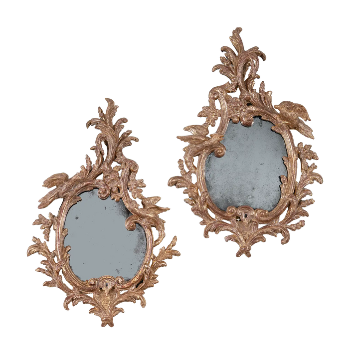 Pair of 18th Century Gilt Carton Pierre Wall Mirrors with rococo scrolls and dragon motifs, England circa 1755.