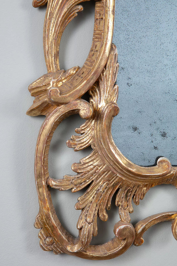 George II Chippendale Giltwood Mirror close-up showing ornate carved giltwood frame with rococo leaf and scroll details