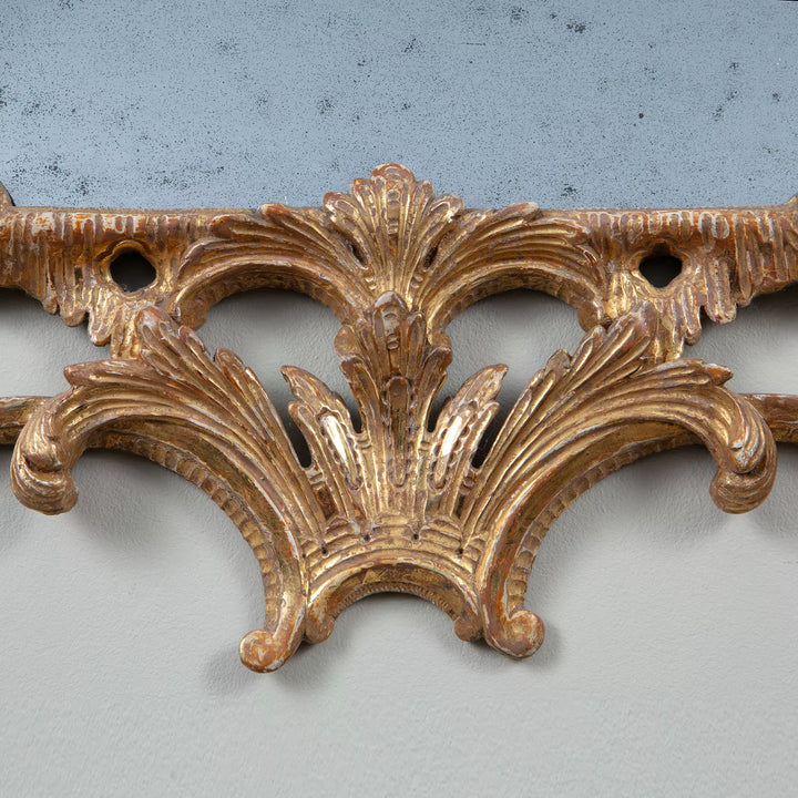 George II Chippendale Giltwood Mirror close-up of intricate giltwood Rococo scrollwork and carved floral detailing.