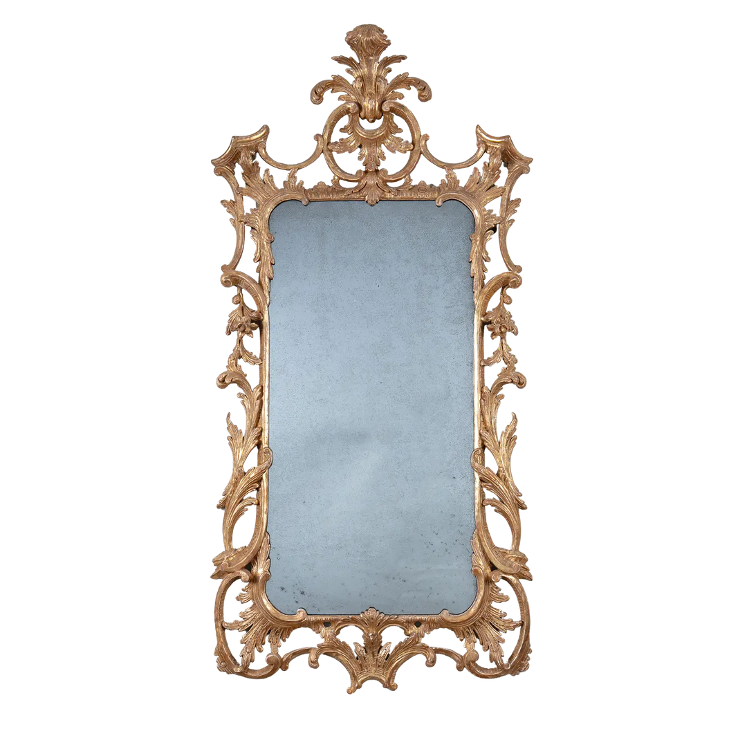 George II Chippendale Giltwood Mirror with intricate Rococo giltwood carvings and original mid-18th century plate.