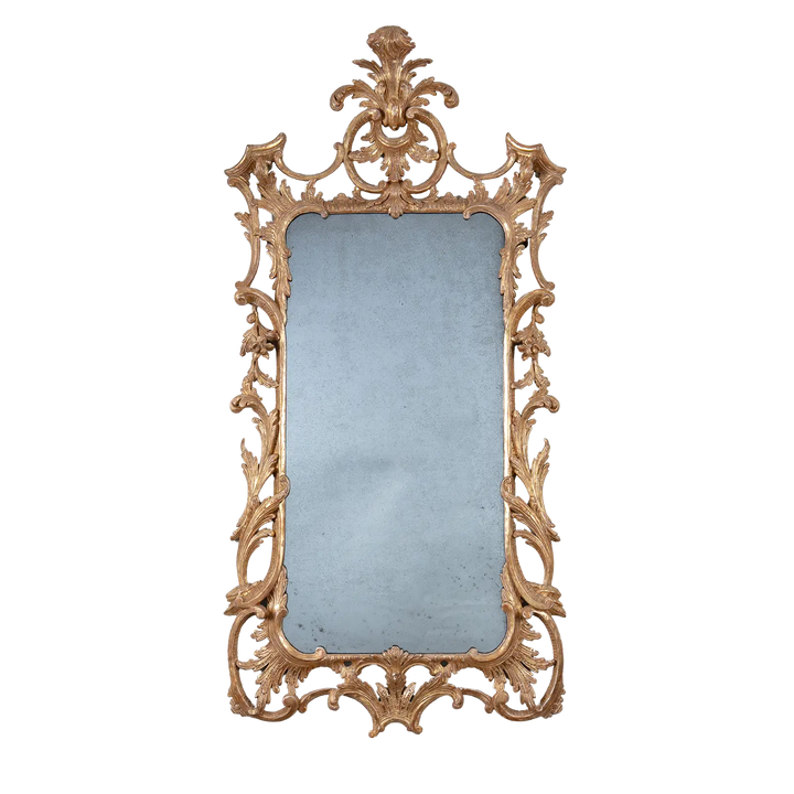 George II Chippendale Giltwood Mirror with intricate Rococo giltwood carvings and original mid-18th century plate.