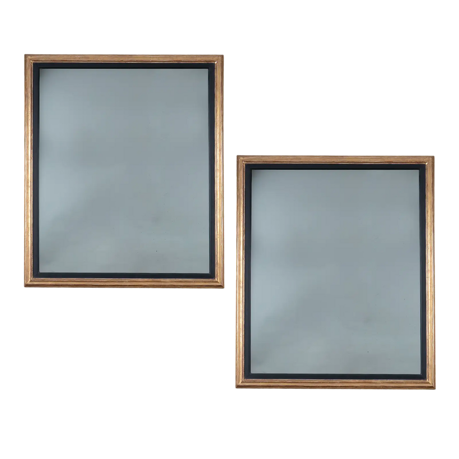 Pair of Burnished Giltwood Wall Mirrors with burnished giltwood frames and black inner borders, classic 21st century design.