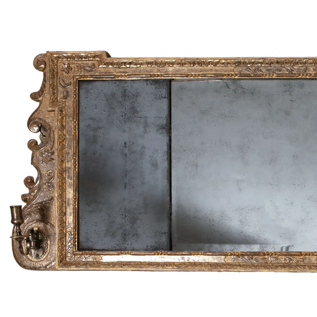 George II Triple Plate Overmantle Mirror with carved giltwood frame and girandole candle arms, early 18th century design.