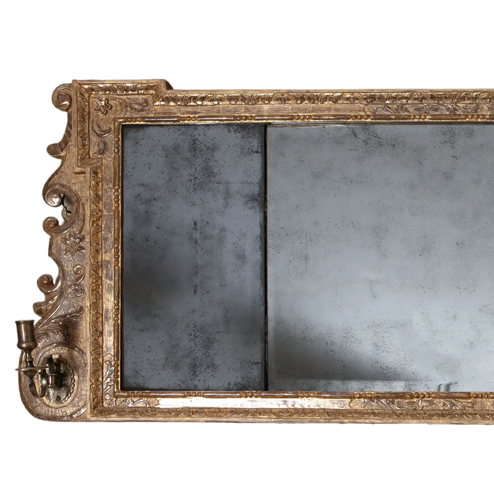George II Triple Plate Overmantle Mirror with carved giltwood frame and girandole candle arms, early 18th century design.
