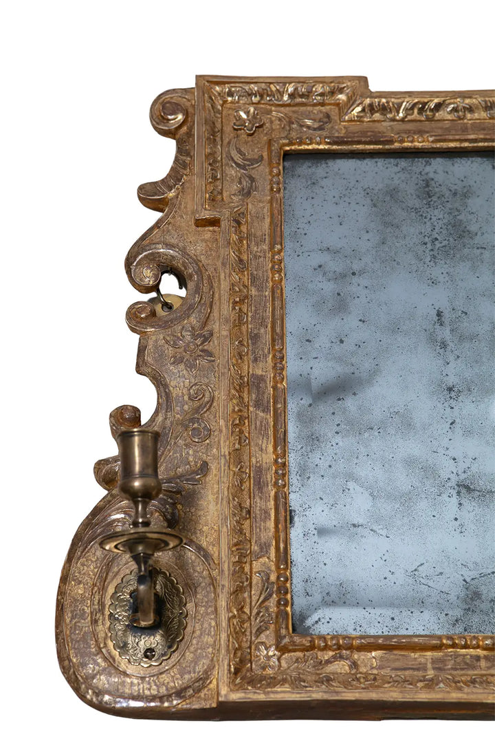 George II Triple Plate Overmantle Mirror with carved giltwood frame, acanthus leaf details, and girandole candle arm.
