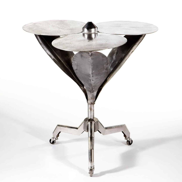 Art Deco Polished Steel Flower Table with three petal-shaped tops and a tripod base, French circa 1930 design.