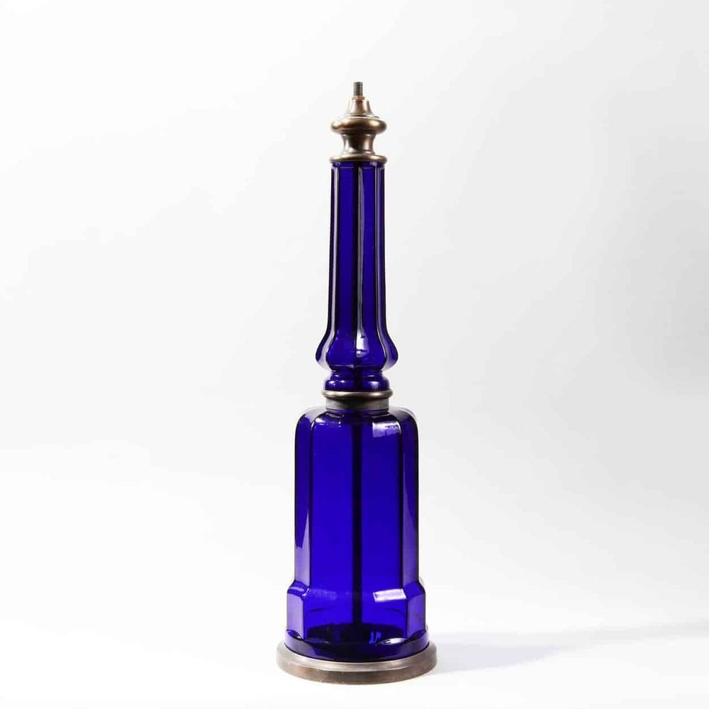 Pair of Blue Glass Column Table Lamps with vibrant blue glass and patinated metal bases and tops.