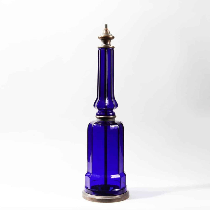 Pair of Blue Glass Column Table Lamps with vibrant blue glass and patinated metal bases and tops.