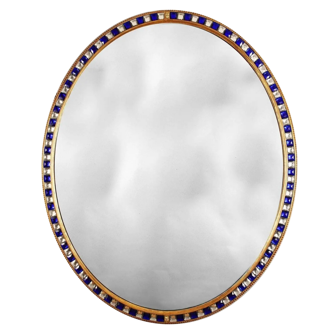 Large Scale 5ft Oval Blue and Clear Border Glass Mirror with giltwood frame and blue glass cabochons circa 1880.