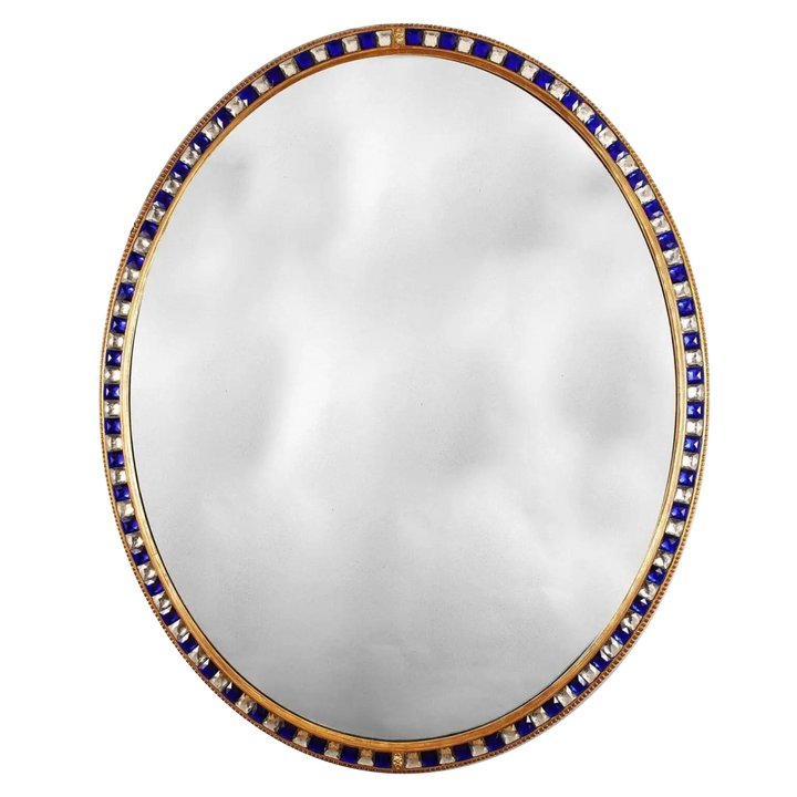 Large Scale 5ft Oval Blue and Clear Border Glass Mirror with giltwood frame and blue glass cabochons circa 1880.