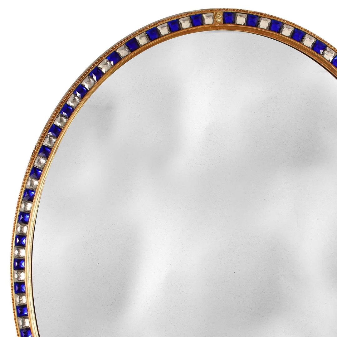 Large Scale 5ft Oval Blue and Clear Border Glass Mirror with giltwood frame and blue clear glass cabochons detail.