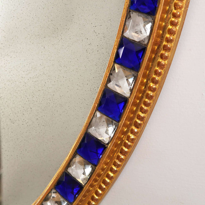 Large Scale 5ft Oval Blue and Clear Border Glass Mirror with ornate giltwood frame and cut glass cabochons detail.