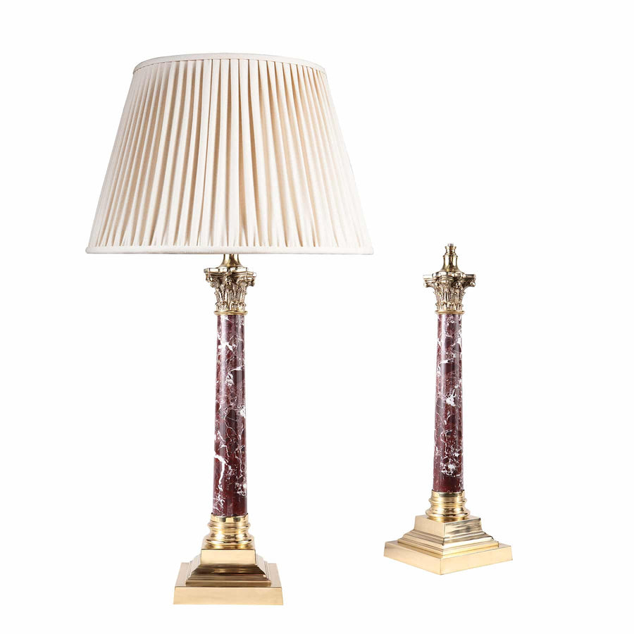 A pair of 1980s brass and Rosso Levanto dark red marble column lamps with Corinthian capitals and stepped brass bases
