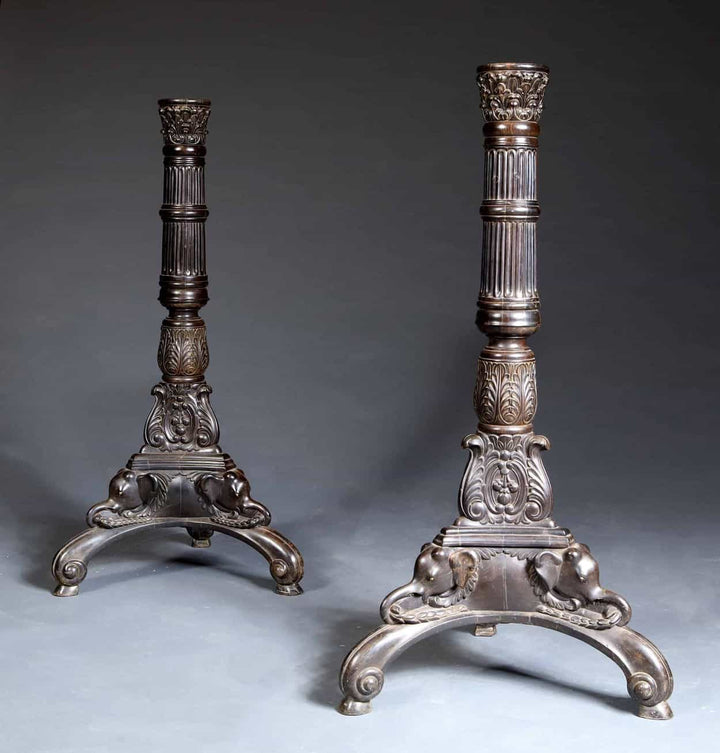 Pair of Solid Ebony Ceylonese Carved Candle Stands