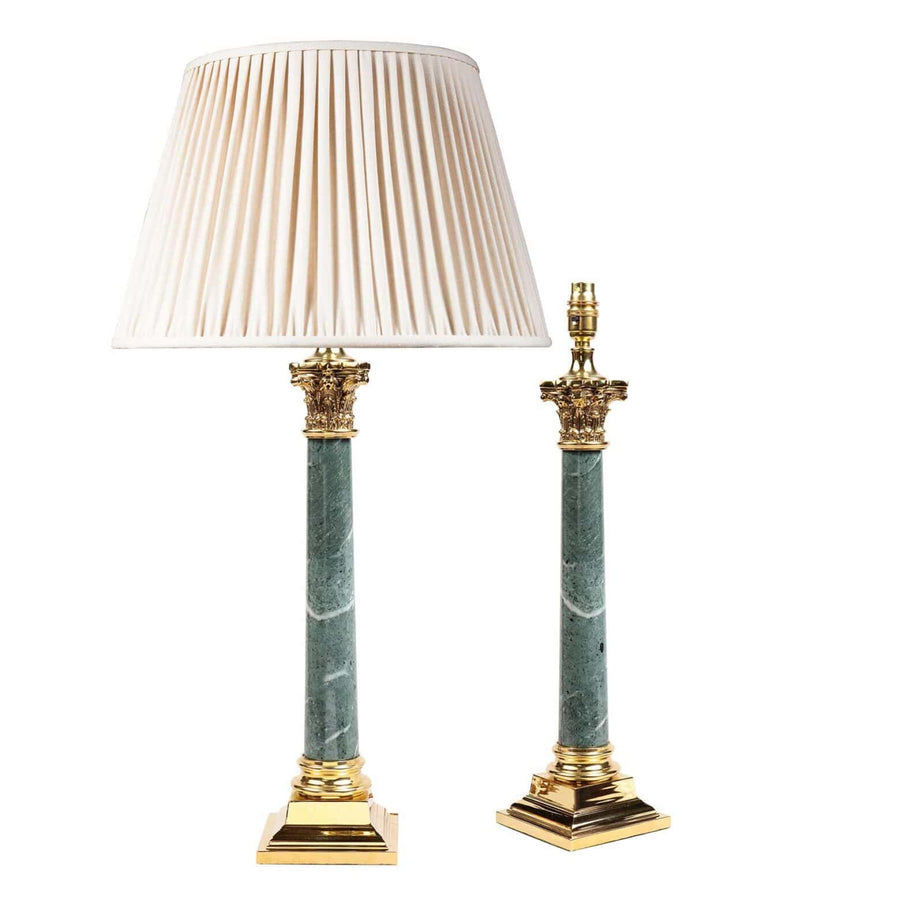 A pair of 1980s brass and green marble column lamps with Corinthian capitals and stepped brass square bases.