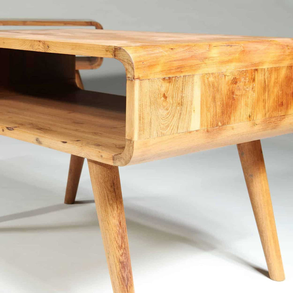 Pair of 20th Century Bedside Tables showing natural wood grain with angled legs and open storage shelf, France circa 1970.