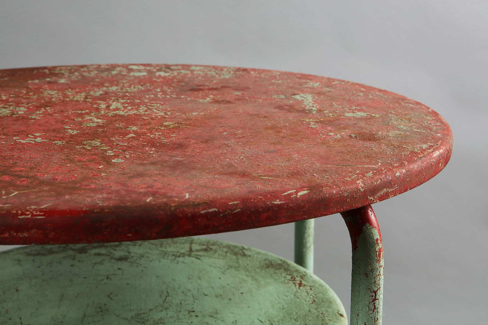Mid Century Tubular Metal Modernist Table with two-tone red and green paint, showing wear and rust, circa 1950 France.