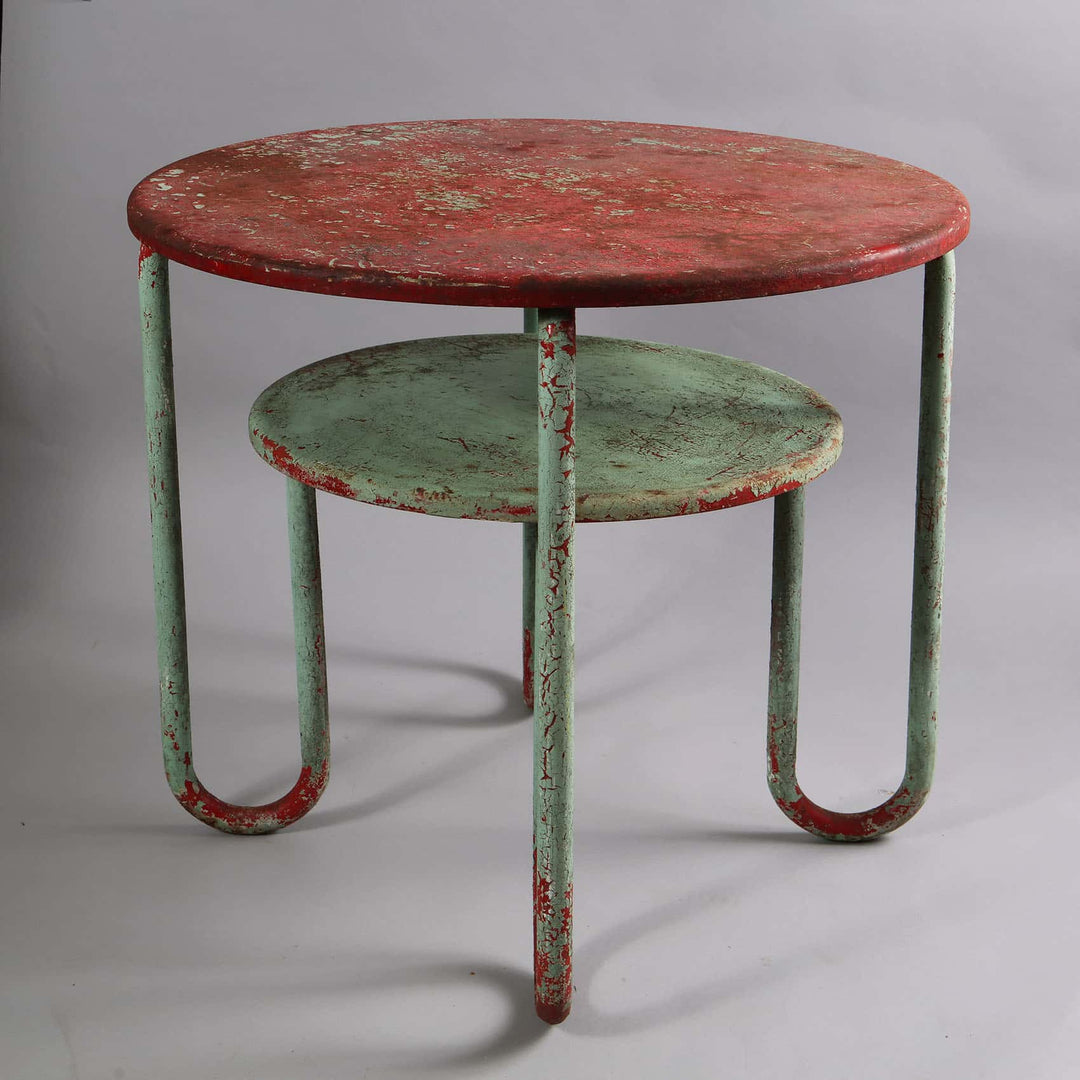 Mid Century Tubular Metal Modernist Table with two-tone red and green paint and distressed surface, circa 1950, France.