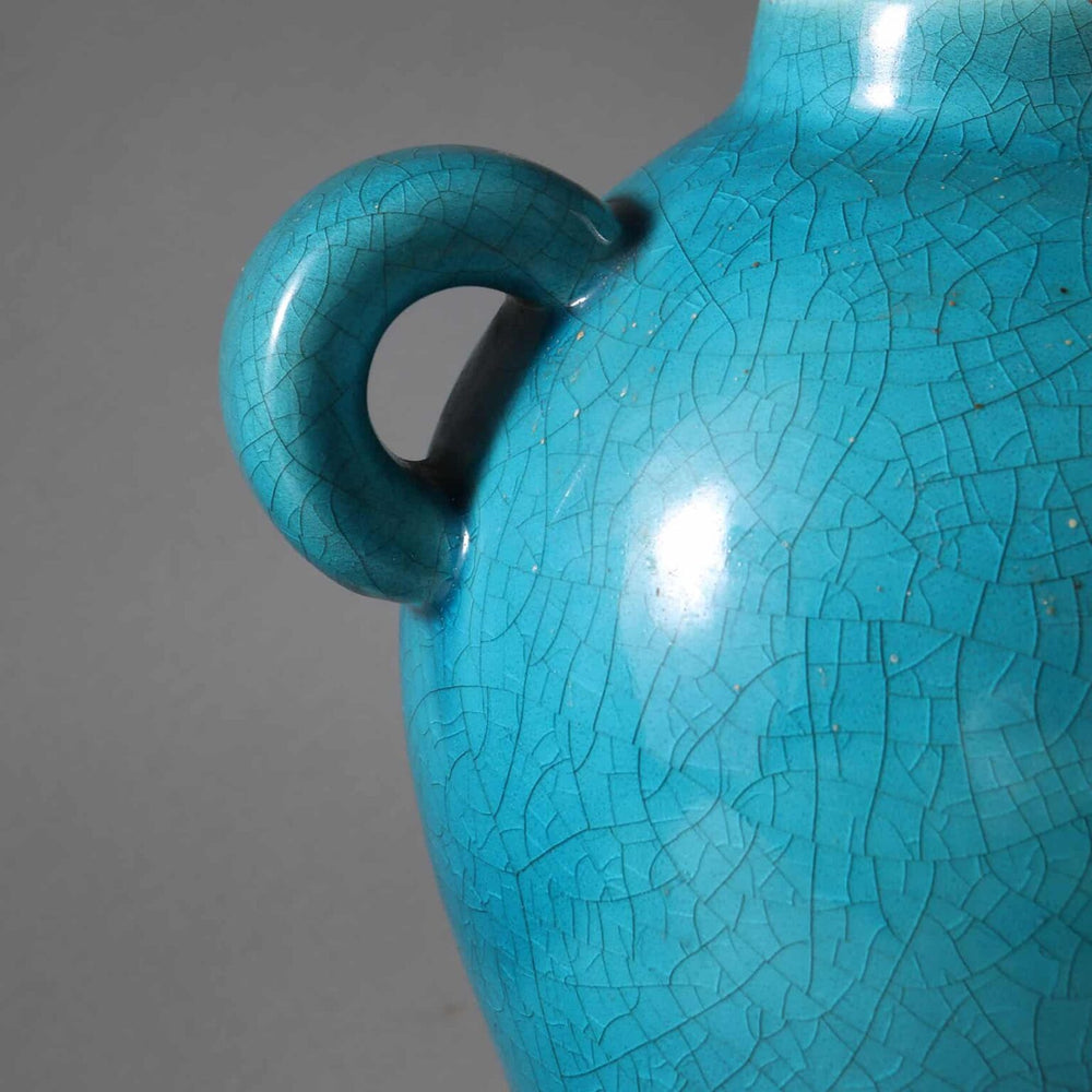 Blue Crackle Glazed Vase by Signed Keramos Mounted as a Table Lamp with detailed crackle pattern and handle close-up view