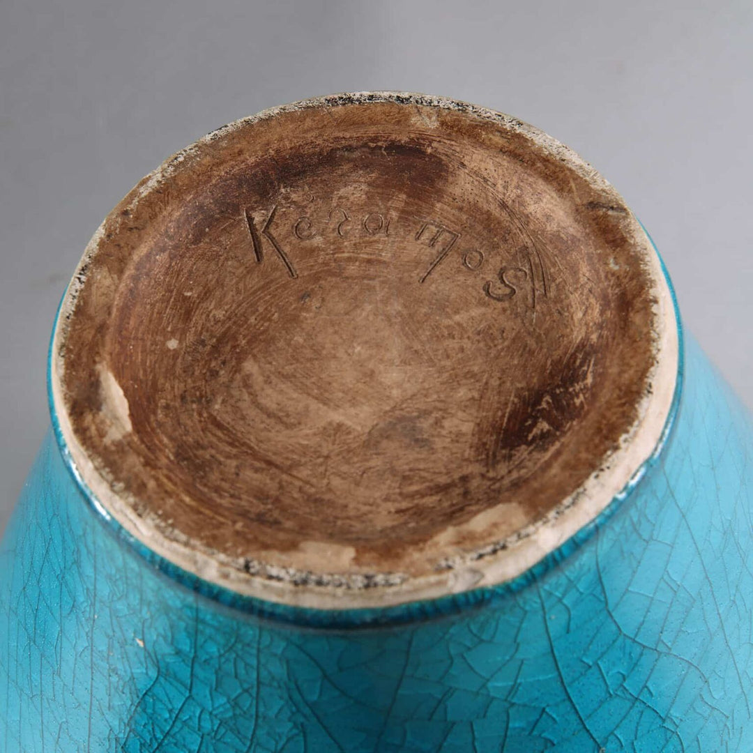 Blue Crackle Glazed Vase by Signed Keramos mounted as a table lamp showing underside signature and glaze texture