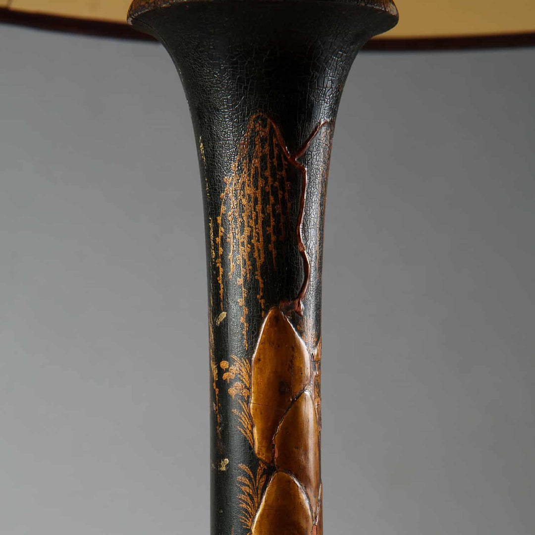 Chinoiserie Black and Gilt lacquered Table Lamp with detailed gilt floral design on black lacquered base circa 1900.