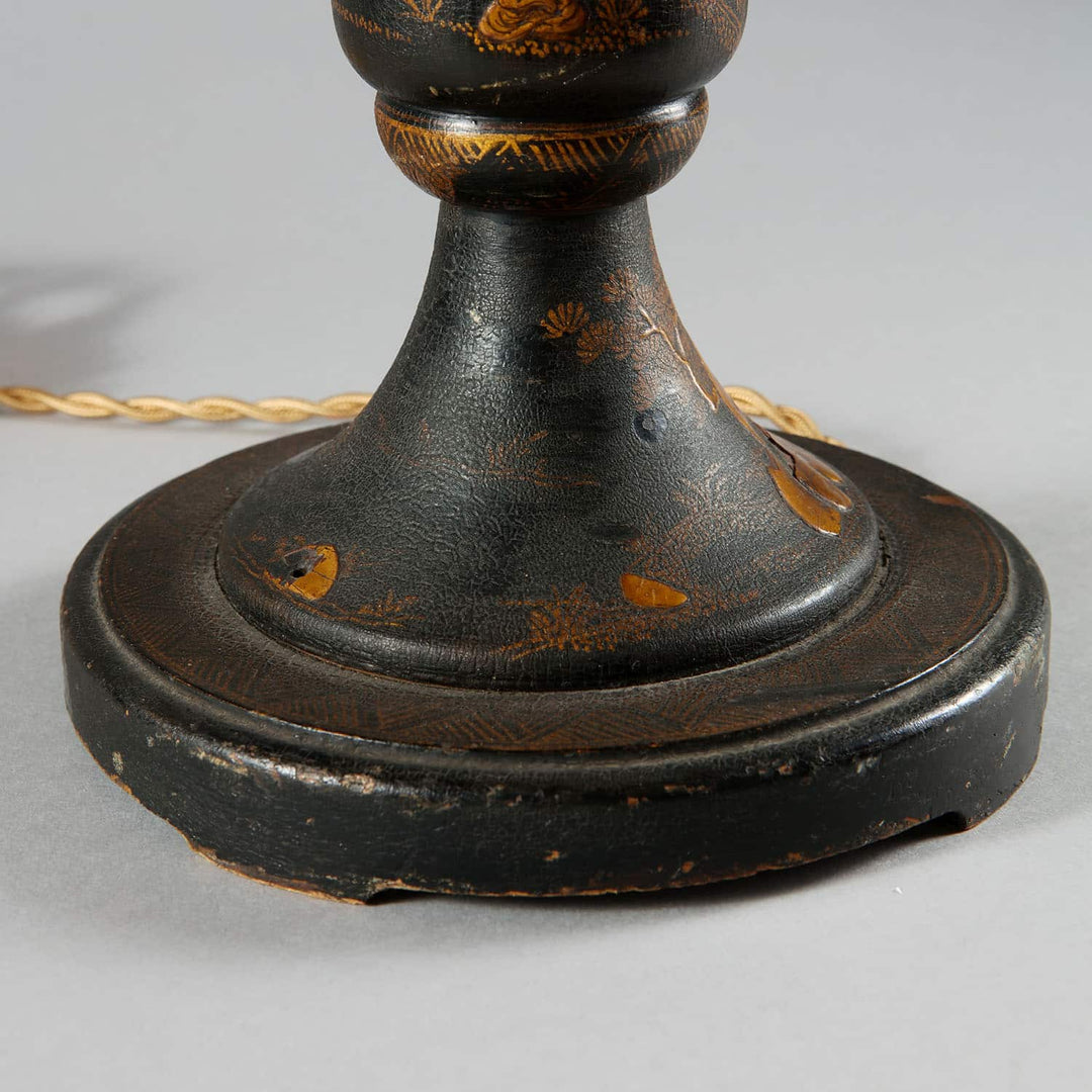 Chinoiserie Black and Gilt lacquered Table Lamp base with intricate antique floral and bird designs circa 1900