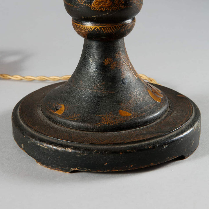 Chinoiserie Black and Gilt lacquered Table Lamp base with intricate antique floral and bird designs circa 1900
