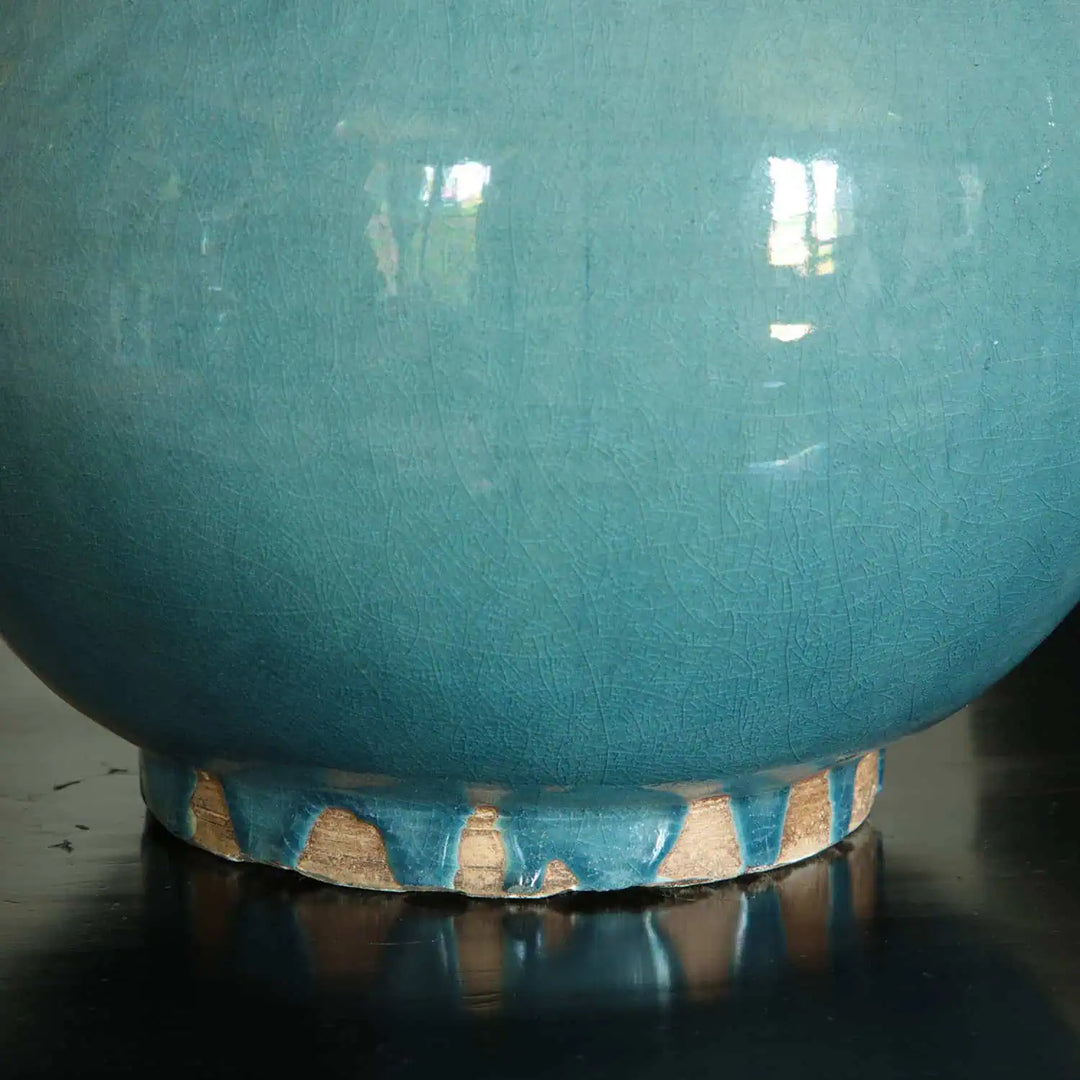 Pair of Blue Celadon Chinese Bottle Vase Lamps with classic design and smooth glazed finish in elegant blue celadon color.