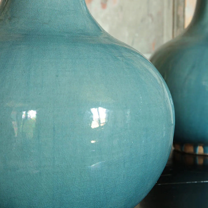 Pair of Blue Celadon Chinese Bottle Vase Lamps with smooth glaze and classic traditional design