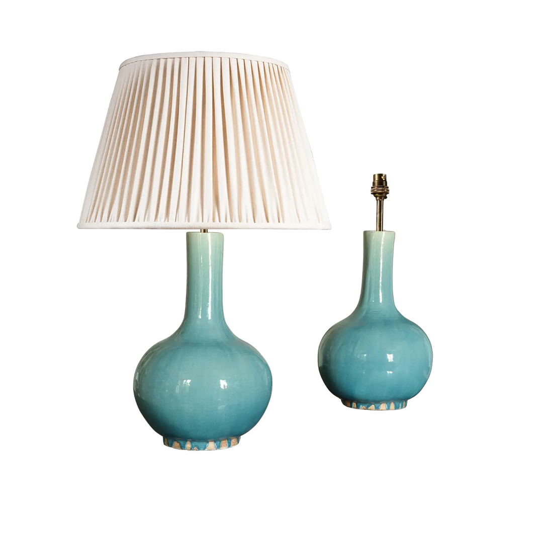 Pair of Blue Celadon Chinese Bottle Vase Lamps with smooth glaze finish and classic design.