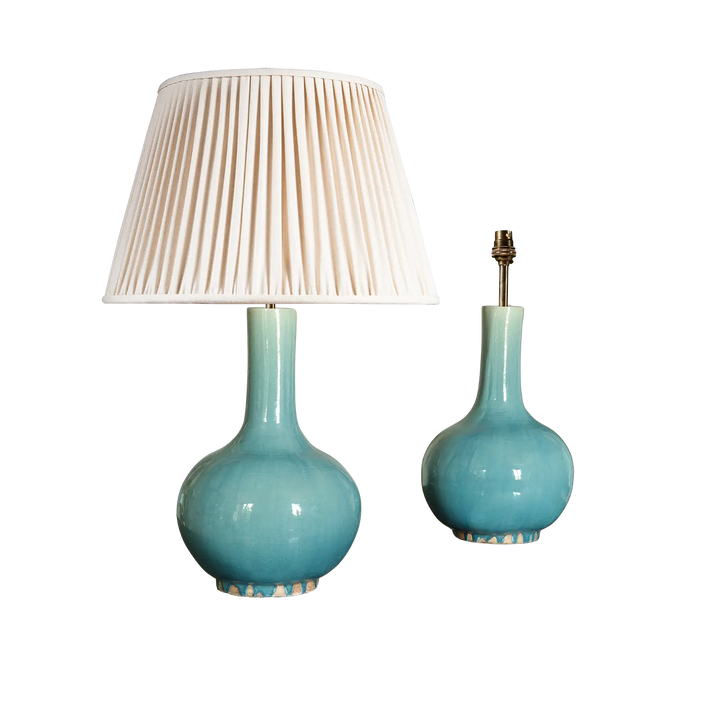 Pair of Blue Celadon Chinese Bottle Vase Lamps with smooth glaze finish and classic design.