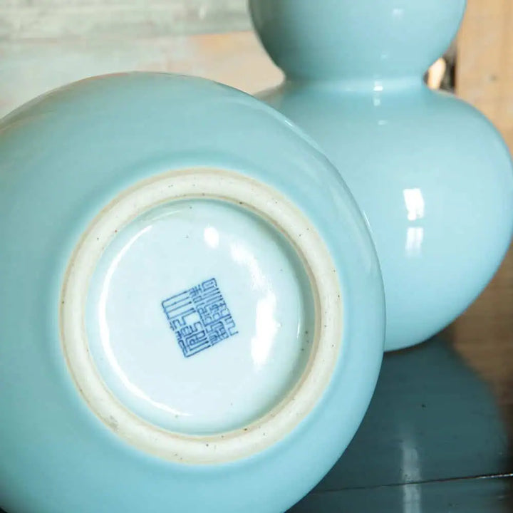 Pair of Celadon Blue Double Gourd Vase Table Lamps