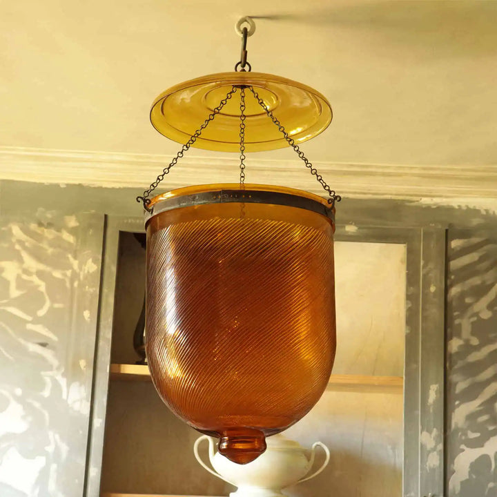 Pair of Reeded Amber Glass Pendant Lanterns - Large