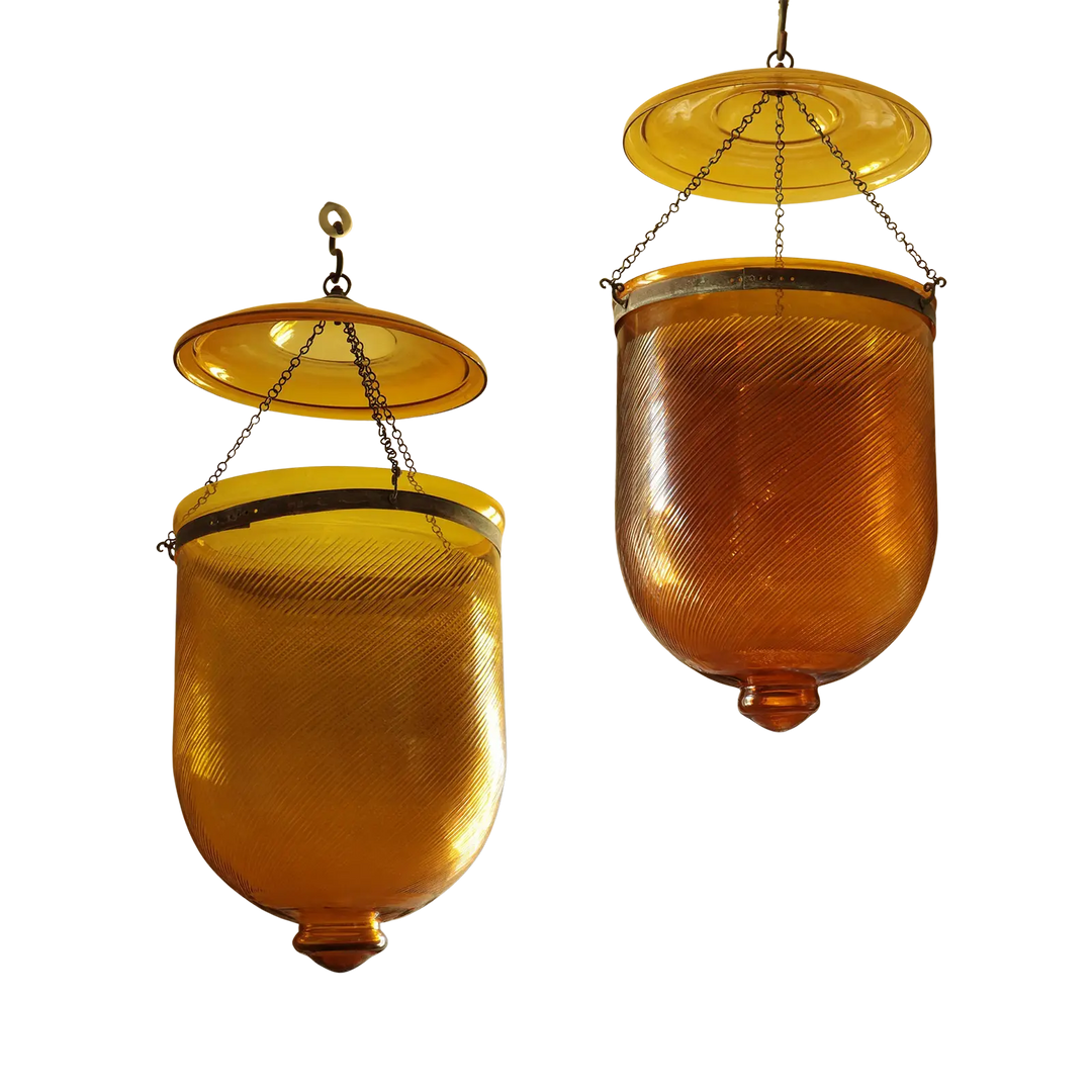 Pair of Reeded Amber Glass Pendant Lanterns - Large