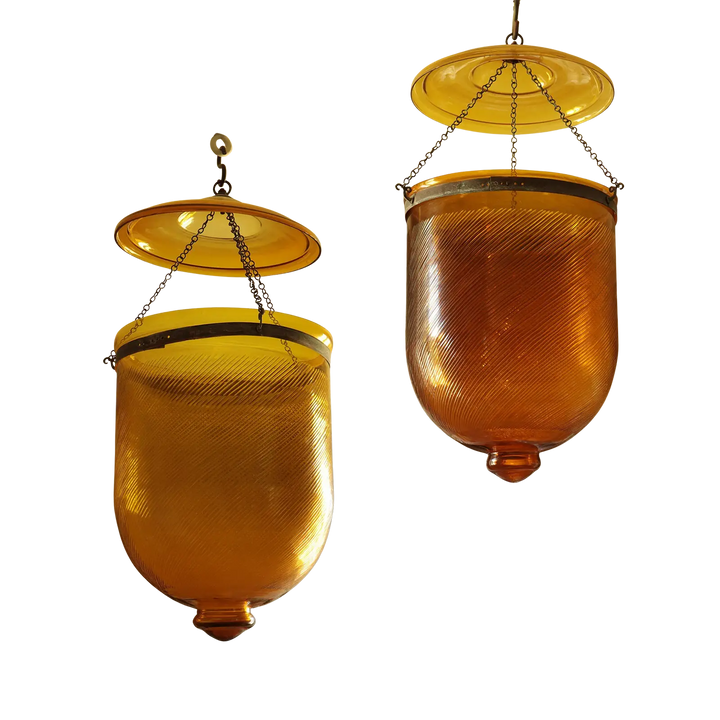 Pair of Reeded Amber Glass Pendant Lanterns - Large