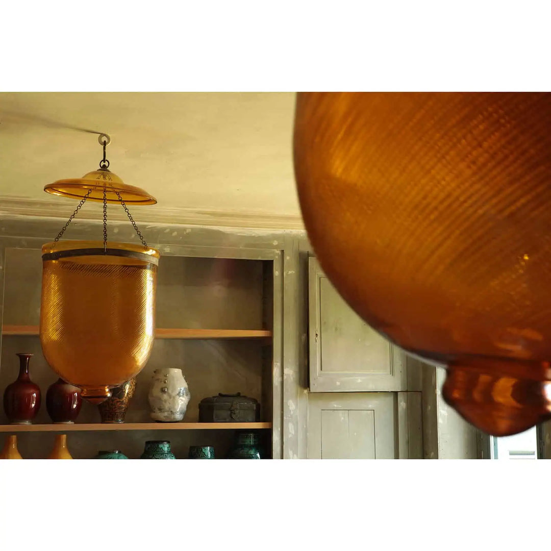 Pair of Reeded Amber Glass Pendant Lanterns - Large