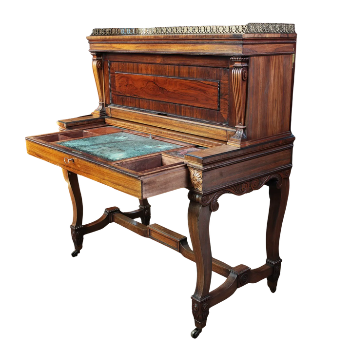 19th Century Rosewood Bureau Cabinet Gillows with satinwood pigeon holes, secret drawers, cabriole legs, and brass castors circa 1850.